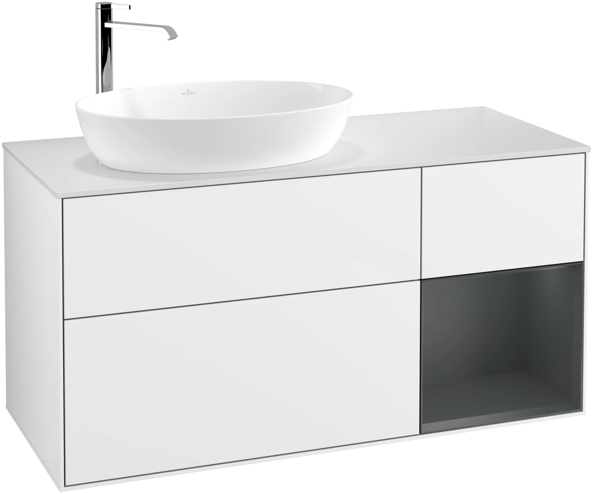 VILLEROY BOCH Finion Vanity unit, with lighting, 3 pull-out compartments, 1200 x 603 x 501 mm, Glossy White Lacquer / Midnight Blue Matt Lacquer / Glass White Matt #G931HGGF resmi