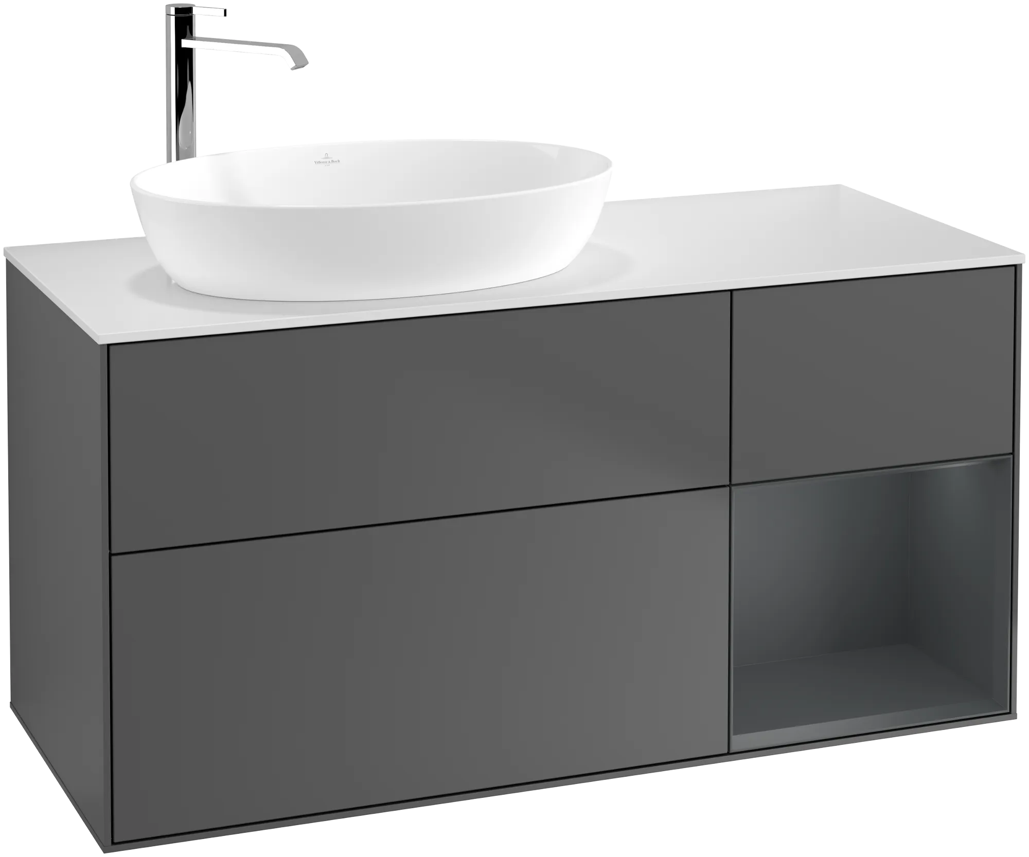 VILLEROY BOCH Finion Vanity unit, with lighting, 3 pull-out compartments, 1200 x 603 x 501 mm, Anthracite Matt Lacquer / Midnight Blue Matt Lacquer / Glass White Matt #G931HGGK resmi