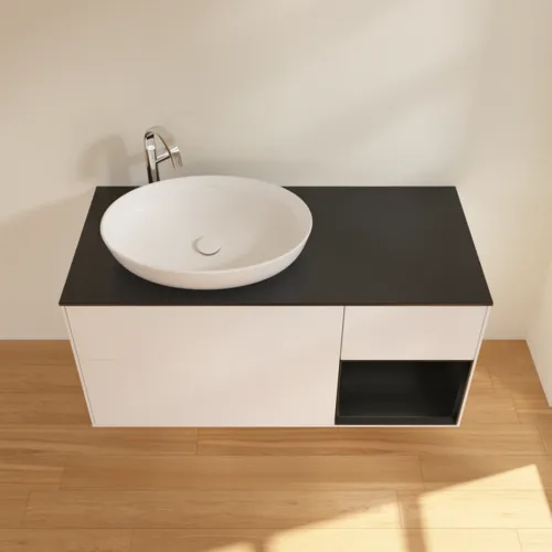 Bild von VILLEROY BOCH Finion Waschbeckenunterschrank, mit Beleuchtung, 3 Auszüge, 1200 x 603 x 501 mm, White Matt Lacquer / Black Matt Lacquer / Glass Black Matt #G932PDMT
