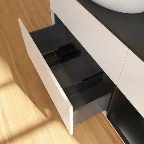 Bild von VILLEROY BOCH Finion Waschbeckenunterschrank, mit Beleuchtung, 3 Auszüge, 1200 x 603 x 501 mm, White Matt Lacquer / Black Matt Lacquer / Glass Black Matt #G932PDMT
