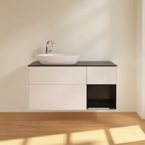 Bild von VILLEROY BOCH Finion Waschbeckenunterschrank, mit Beleuchtung, 3 Auszüge, 1200 x 603 x 501 mm, White Matt Lacquer / Black Matt Lacquer / Glass Black Matt #G932PDMT