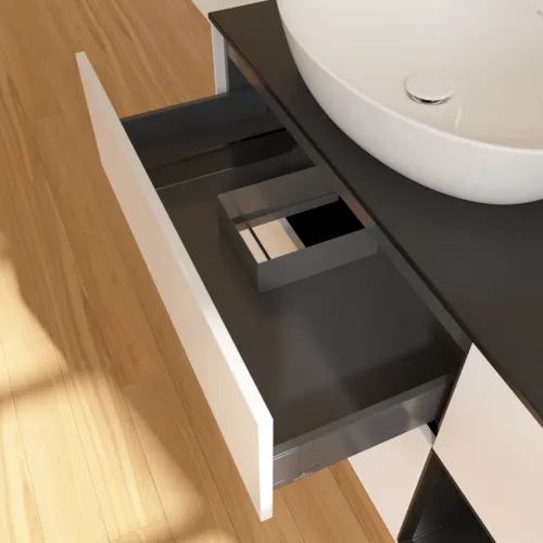 Bild von VILLEROY BOCH Finion Waschbeckenunterschrank, mit Beleuchtung, 3 Auszüge, 1200 x 603 x 501 mm, White Matt Lacquer / Black Matt Lacquer / Glass Black Matt #G932PDMT