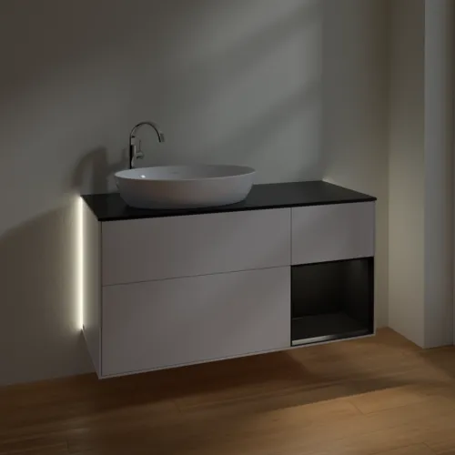 Bild von VILLEROY BOCH Finion Waschbeckenunterschrank, mit Beleuchtung, 3 Auszüge, 1200 x 603 x 501 mm, White Matt Lacquer / Black Matt Lacquer / Glass Black Matt #G932PDMT
