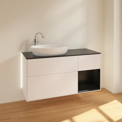 Bild von VILLEROY BOCH Finion Waschbeckenunterschrank, mit Beleuchtung, 3 Auszüge, 1200 x 603 x 501 mm, White Matt Lacquer / Black Matt Lacquer / Glass Black Matt #G932PDMT