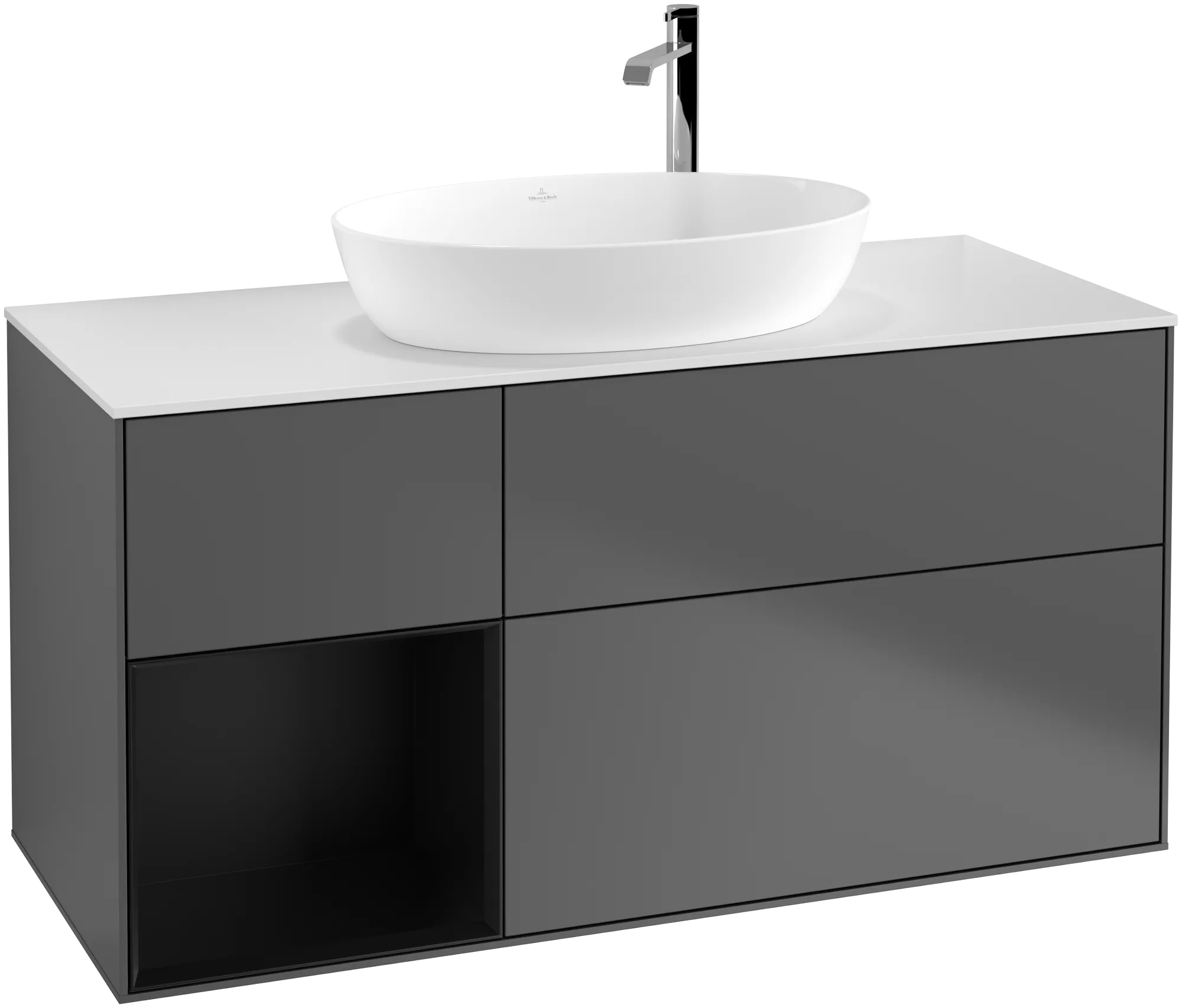 VILLEROY BOCH Finion Vanity unit, with lighting, 3 pull-out compartments, 1200 x 603 x 501 mm, Anthracite Matt Lacquer / Black Matt Lacquer / Glass White Matt #G941PDGK resmi