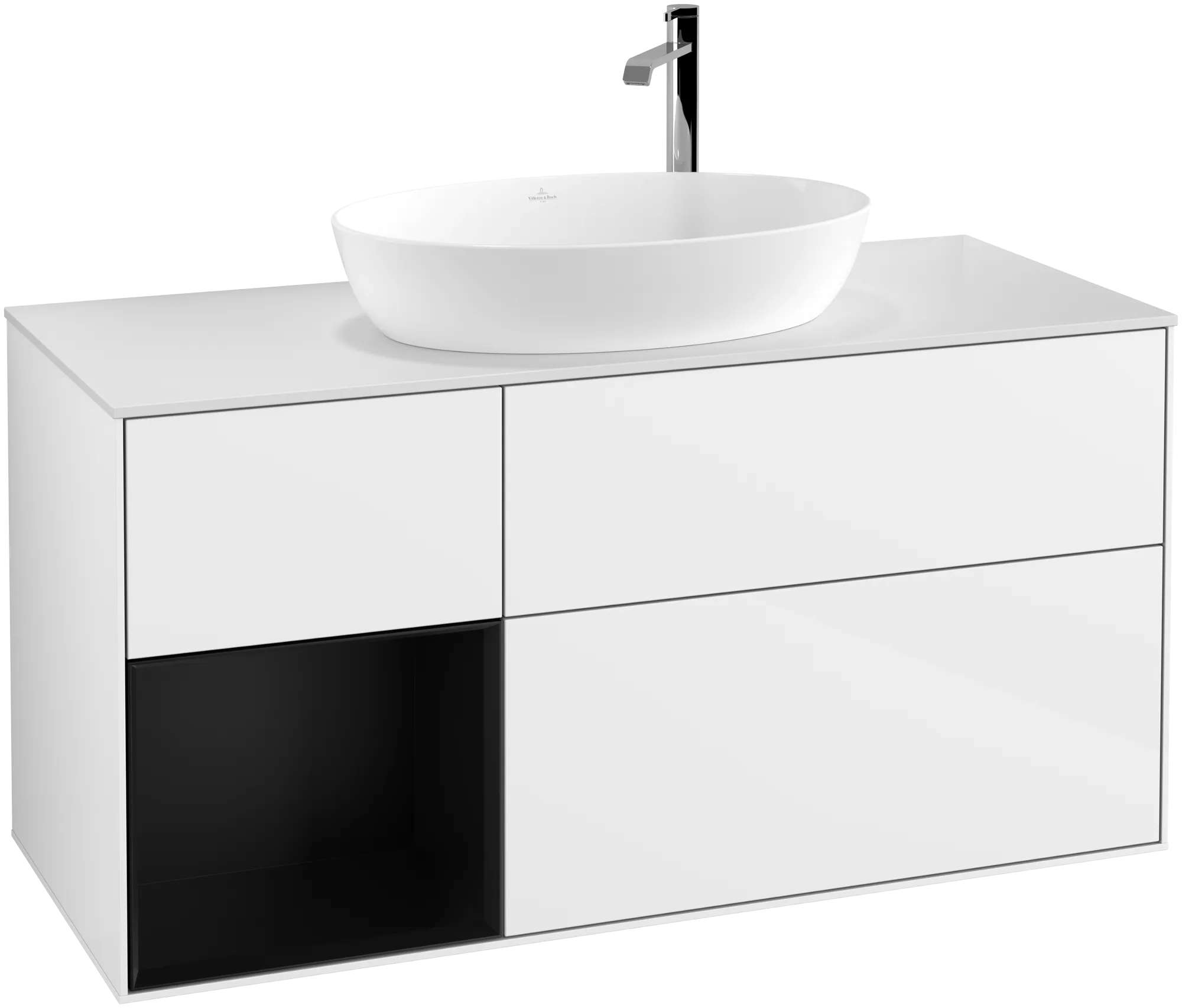 Obrázek VILLEROY BOCH Finion Vanity unit, with lighting, 3 pull-out compartments, 1200 x 603 x 501 mm, Glossy White Lacquer / Black Matt Lacquer / Glass White Matt #G941PDGF