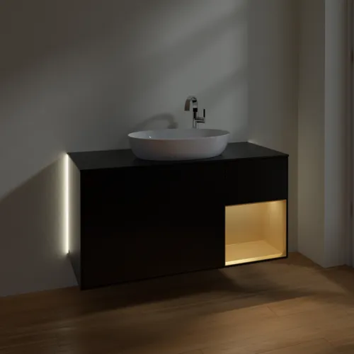 Bild von VILLEROY BOCH Finion Waschbeckenunterschrank, mit Beleuchtung, 3 Auszüge, 1200 x 603 x 501 mm, Black Matt Lacquer / Gold Matt Lacquer / Glass Black Matt #G952HFPD