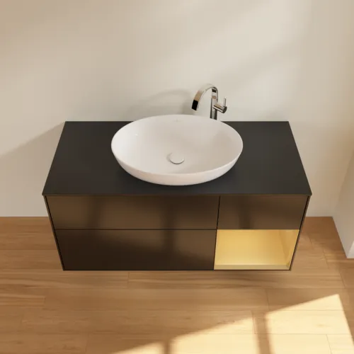 Bild von VILLEROY BOCH Finion Waschbeckenunterschrank, mit Beleuchtung, 3 Auszüge, 1200 x 603 x 501 mm, Black Matt Lacquer / Gold Matt Lacquer / Glass Black Matt #G952HFPD