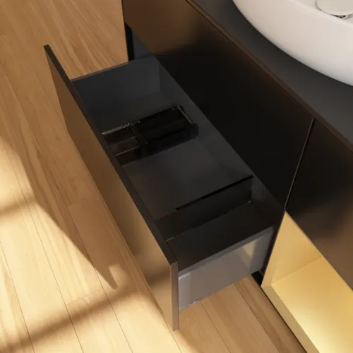 Bild von VILLEROY BOCH Finion Waschbeckenunterschrank, mit Beleuchtung, 3 Auszüge, 1200 x 603 x 501 mm, Black Matt Lacquer / Gold Matt Lacquer / Glass Black Matt #G952HFPD