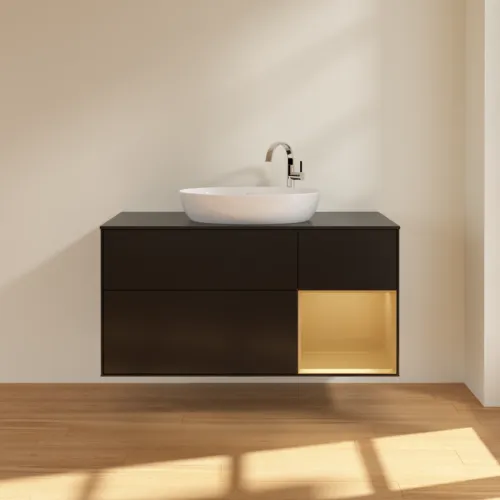 Bild von VILLEROY BOCH Finion Waschbeckenunterschrank, mit Beleuchtung, 3 Auszüge, 1200 x 603 x 501 mm, Black Matt Lacquer / Gold Matt Lacquer / Glass Black Matt #G952HFPD