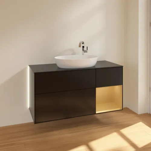 Bild von VILLEROY BOCH Finion Waschbeckenunterschrank, mit Beleuchtung, 3 Auszüge, 1200 x 603 x 501 mm, Black Matt Lacquer / Gold Matt Lacquer / Glass Black Matt #G952HFPD