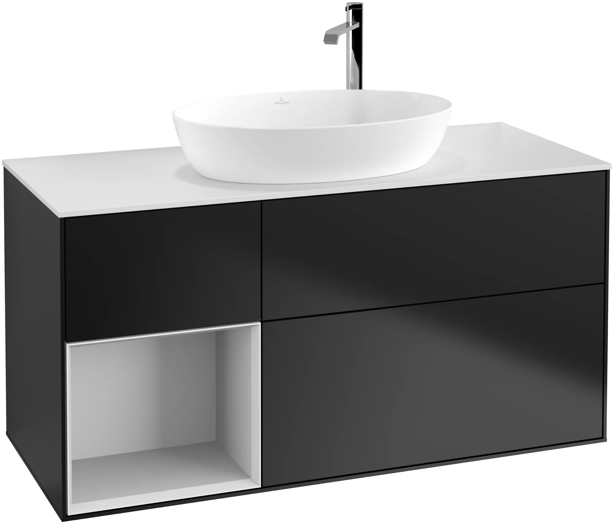 Obrázek VILLEROY BOCH Finion Vanity unit, with lighting, 3 pull-out compartments, 1200 x 603 x 501 mm, Black Matt Lacquer / White Matt Lacquer / Glass White Matt #G941MTPD