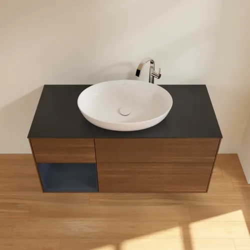 VILLEROY BOCH Finion Waschbeckenunterschrank, mit Beleuchtung, 3 Auszüge, 1200 x 603 x 501 mm, Walnut Veneer / Midnight Blue Matt Lacquer / Glass Black Matt #G942HGGN, Bild 4