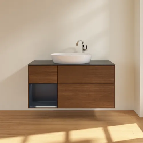 VILLEROY BOCH Finion Waschbeckenunterschrank, mit Beleuchtung, 3 Auszüge, 1200 x 603 x 501 mm, Walnut Veneer / Midnight Blue Matt Lacquer / Glass Black Matt #G942HGGN, Bild 3