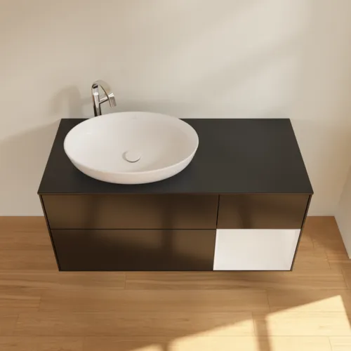 Bild von VILLEROY BOCH Finion Waschbeckenunterschrank, mit Beleuchtung, 3 Auszüge, 1200 x 603 x 501 mm, Black Matt Lacquer / Glossy White Lacquer / Glass Black Matt #G932GFPD
