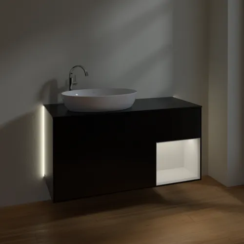 Bild von VILLEROY BOCH Finion Waschbeckenunterschrank, mit Beleuchtung, 3 Auszüge, 1200 x 603 x 501 mm, Black Matt Lacquer / Glossy White Lacquer / Glass Black Matt #G932GFPD