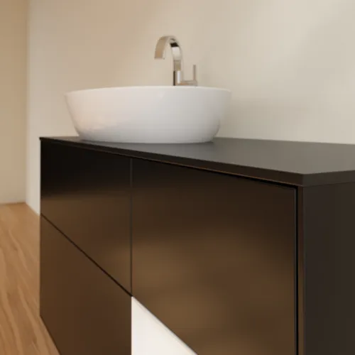 Bild von VILLEROY BOCH Finion Waschbeckenunterschrank, mit Beleuchtung, 3 Auszüge, 1200 x 603 x 501 mm, Black Matt Lacquer / Glossy White Lacquer / Glass Black Matt #G932GFPD