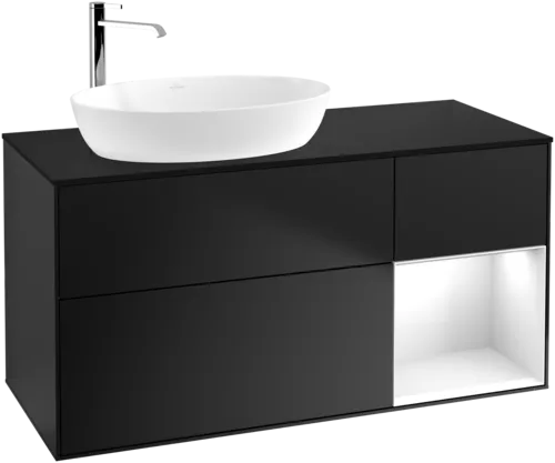 Obrázek VILLEROY BOCH Finion Vanity unit, with lighting, 3 pull-out compartments, 1200 x 603 x 501 mm, Black Matt Lacquer / Glossy White Lacquer / Glass Black Matt #G932GFPD