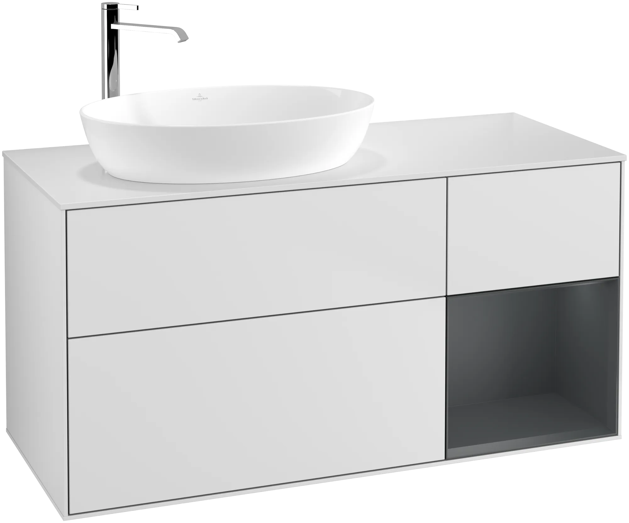 VILLEROY BOCH Finion Vanity unit, with lighting, 3 pull-out compartments, 1200 x 603 x 501 mm, White Matt Lacquer / Midnight Blue Matt Lacquer / Glass White Matt #G931HGMT resmi