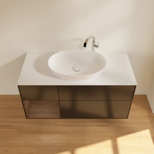 Bild von VILLEROY BOCH Finion Waschbeckenunterschrank, mit Beleuchtung, 3 Auszüge, 1200 x 603 x 501 mm, Black Matt Lacquer / Walnut Veneer / Glass White Matt #G941GNPD