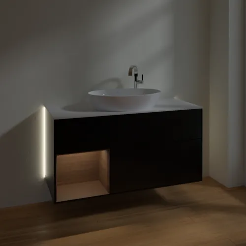 Bild von VILLEROY BOCH Finion Waschbeckenunterschrank, mit Beleuchtung, 3 Auszüge, 1200 x 603 x 501 mm, Black Matt Lacquer / Walnut Veneer / Glass White Matt #G941GNPD