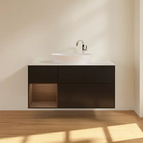 Bild von VILLEROY BOCH Finion Waschbeckenunterschrank, mit Beleuchtung, 3 Auszüge, 1200 x 603 x 501 mm, Black Matt Lacquer / Walnut Veneer / Glass White Matt #G941GNPD