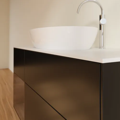 Bild von VILLEROY BOCH Finion Waschbeckenunterschrank, mit Beleuchtung, 3 Auszüge, 1200 x 603 x 501 mm, Black Matt Lacquer / Walnut Veneer / Glass White Matt #G941GNPD