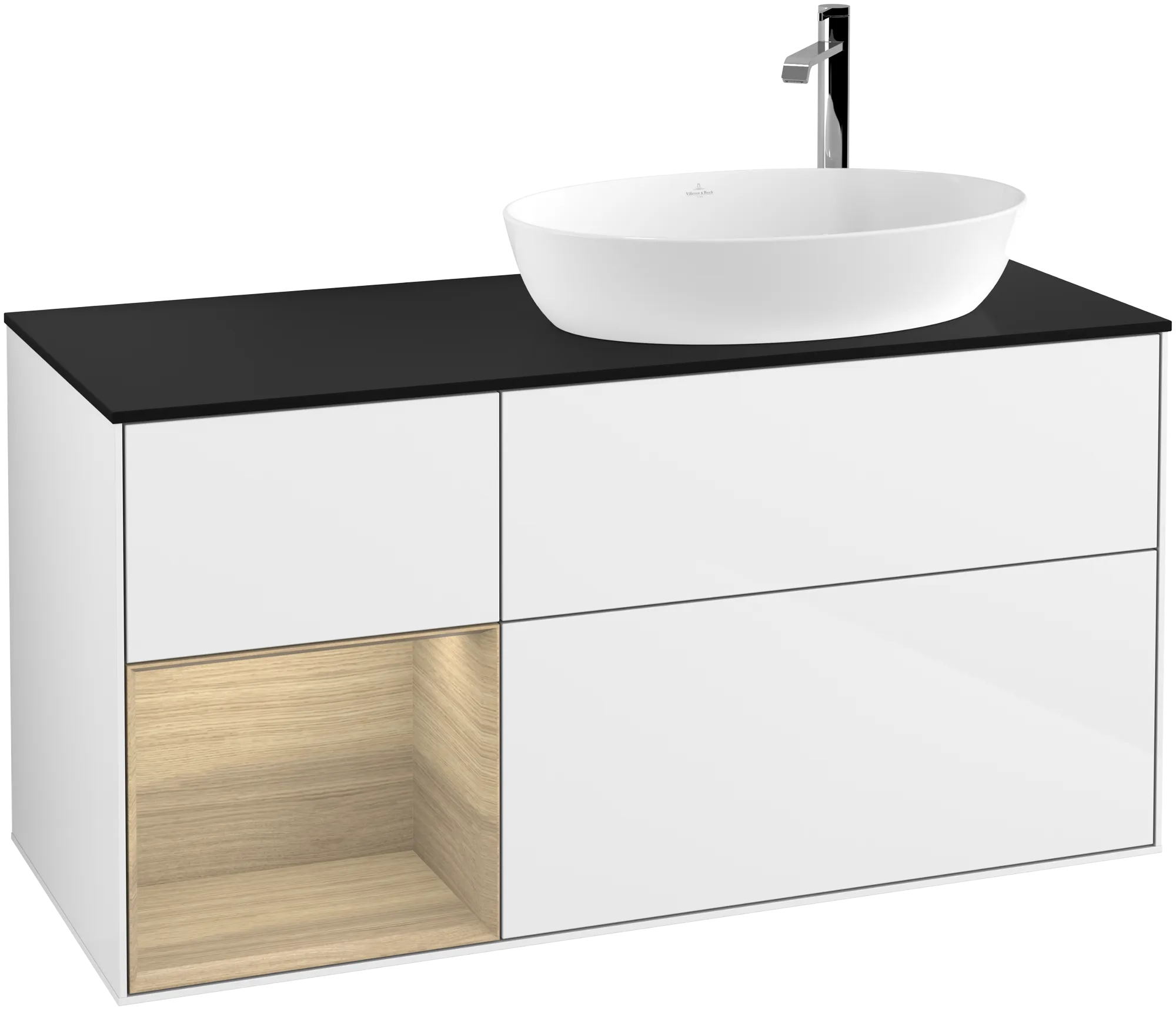 Obrázek VILLEROY BOCH Finion Vanity unit, with lighting, 3 pull-out compartments, 1200 x 603 x 501 mm, Glossy White Lacquer / Oak Veneer / Glass Black Matt #G922PCGF