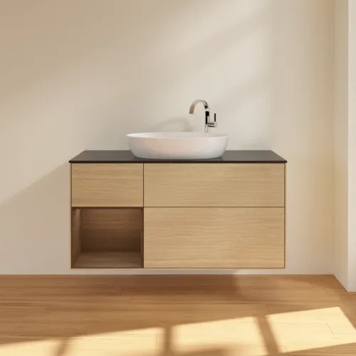 VILLEROY BOCH Finion Waschbeckenunterschrank, mit Beleuchtung, 3 Auszüge, 1200 x 603 x 501 mm, Oak Veneer / Walnut Veneer / Glass Black Matt #G942GNPC, Bild 3