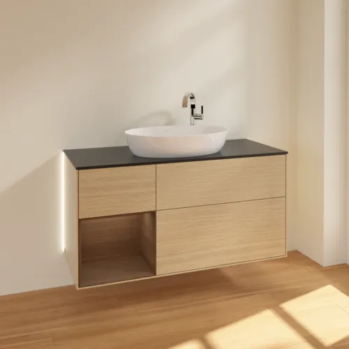 VILLEROY BOCH Finion Waschbeckenunterschrank, mit Beleuchtung, 3 Auszüge, 1200 x 603 x 501 mm, Oak Veneer / Walnut Veneer / Glass Black Matt #G942GNPC, Bild 2