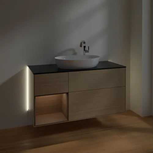 VILLEROY BOCH Finion Waschbeckenunterschrank, mit Beleuchtung, 3 Auszüge, 1200 x 603 x 501 mm, Oak Veneer / Walnut Veneer / Glass Black Matt #G942GNPC, Bild 5