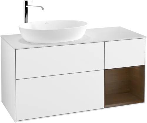 VILLEROY BOCH Finion Vanity unit, with lighting, 3 pull-out compartments, 1200 x 603 x 501 mm, Glossy White Lacquer / Walnut Veneer / Glass White Matt #G931GNGF resmi