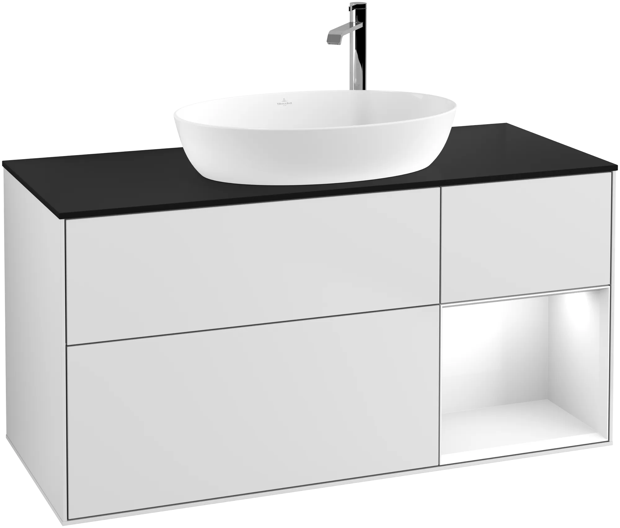 VILLEROY BOCH Finion Vanity unit, with lighting, 3 pull-out compartments, 1200 x 603 x 501 mm, White Matt Lacquer / Glossy White Lacquer / Glass Black Matt #G952GFMT resmi