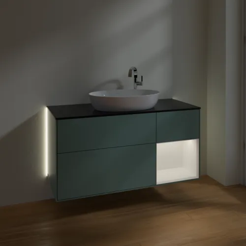 VILLEROY BOCH Finion Waschbeckenunterschrank, mit Beleuchtung, 3 Auszüge, 1200 x 603 x 501 mm, Olive Matt Lacquer / White Matt Lacquer / Glass Black Matt #G952MTGM, Bild 5