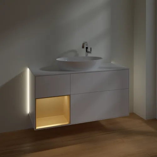 Bild von VILLEROY BOCH Finion Waschbeckenunterschrank, mit Beleuchtung, 3 Auszüge, 1200 x 603 x 501 mm, White Matt Lacquer / Gold Matt Lacquer / Glass White Matt #G941HFMT