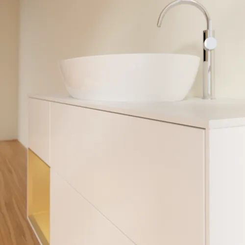 Bild von VILLEROY BOCH Finion Waschbeckenunterschrank, mit Beleuchtung, 3 Auszüge, 1200 x 603 x 501 mm, White Matt Lacquer / Gold Matt Lacquer / Glass White Matt #G941HFMT