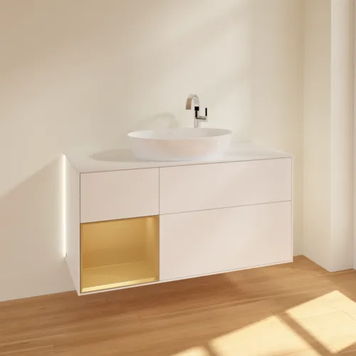 Bild von VILLEROY BOCH Finion Waschbeckenunterschrank, mit Beleuchtung, 3 Auszüge, 1200 x 603 x 501 mm, White Matt Lacquer / Gold Matt Lacquer / Glass White Matt #G941HFMT