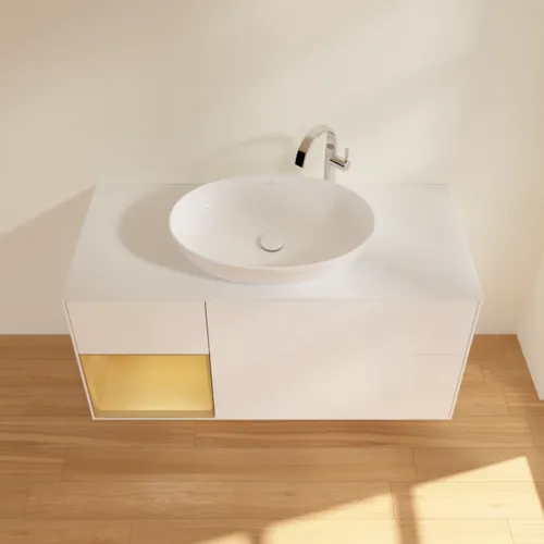 Bild von VILLEROY BOCH Finion Waschbeckenunterschrank, mit Beleuchtung, 3 Auszüge, 1200 x 603 x 501 mm, White Matt Lacquer / Gold Matt Lacquer / Glass White Matt #G941HFMT