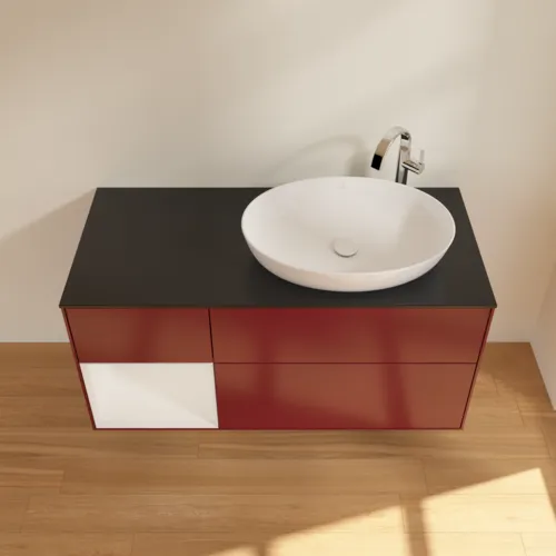 Bild von VILLEROY BOCH Finion Waschbeckenunterschrank, mit Beleuchtung, 3 Auszüge, 1200 x 603 x 501 mm, Peony Matt Lacquer / Glossy White Lacquer / Glass Black Matt #G922GFHB