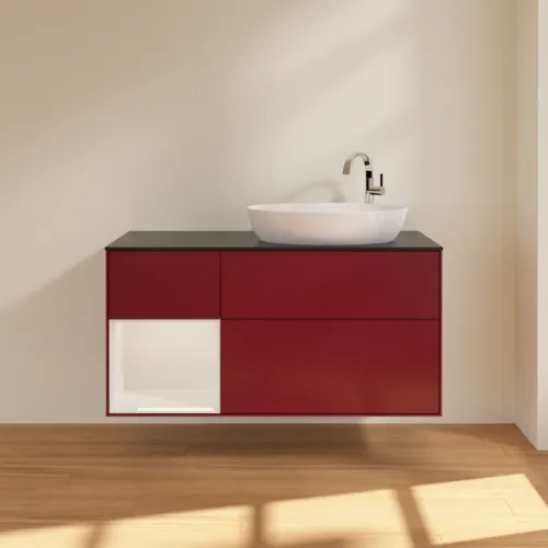 Bild von VILLEROY BOCH Finion Waschbeckenunterschrank, mit Beleuchtung, 3 Auszüge, 1200 x 603 x 501 mm, Peony Matt Lacquer / Glossy White Lacquer / Glass Black Matt #G922GFHB