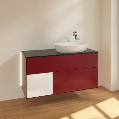 Bild von VILLEROY BOCH Finion Waschbeckenunterschrank, mit Beleuchtung, 3 Auszüge, 1200 x 603 x 501 mm, Peony Matt Lacquer / Glossy White Lacquer / Glass Black Matt #G922GFHB