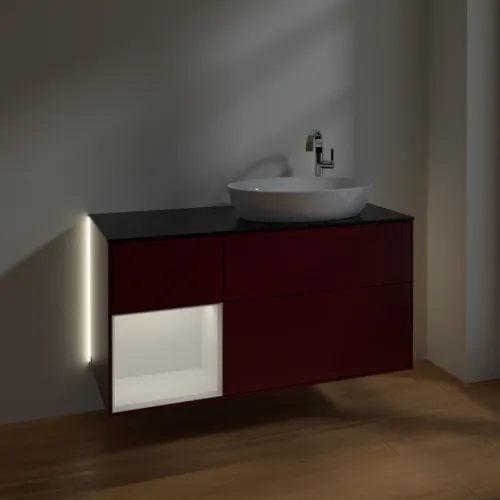 Bild von VILLEROY BOCH Finion Waschbeckenunterschrank, mit Beleuchtung, 3 Auszüge, 1200 x 603 x 501 mm, Peony Matt Lacquer / Glossy White Lacquer / Glass Black Matt #G922GFHB