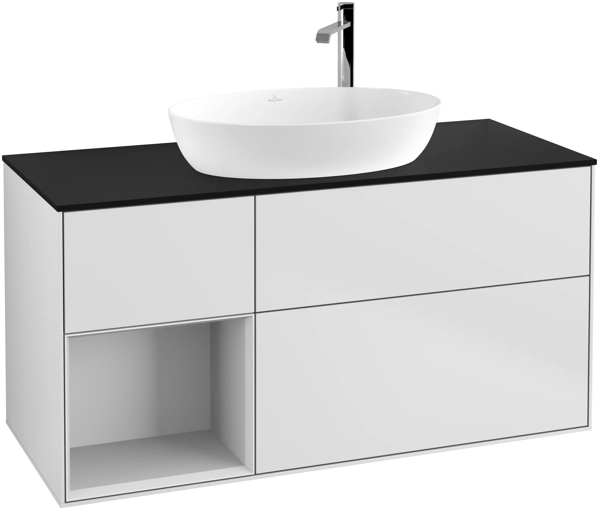 Picture of VILLEROY BOCH Finion Vanity unit, with lighting, 3 pull-out compartments, 1200 x 603 x 501 mm, White Matt Lacquer / White Matt Lacquer / Glass Black Matt #G942MTMT