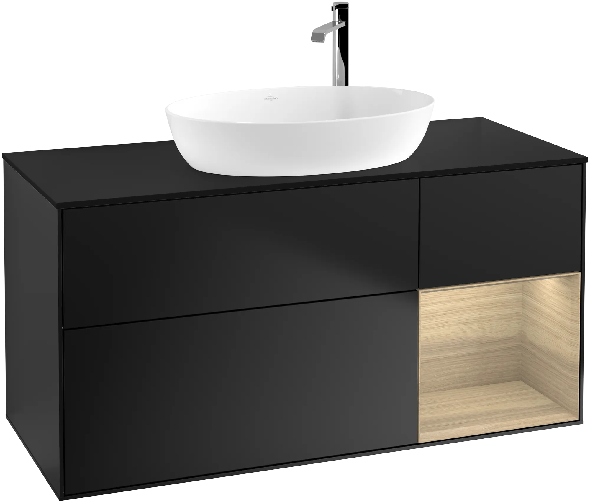 Picture of VILLEROY BOCH Finion Vanity unit, with lighting, 3 pull-out compartments, 1200 x 603 x 501 mm, Black Matt Lacquer / Oak Veneer / Glass Black Matt #G952PCPD