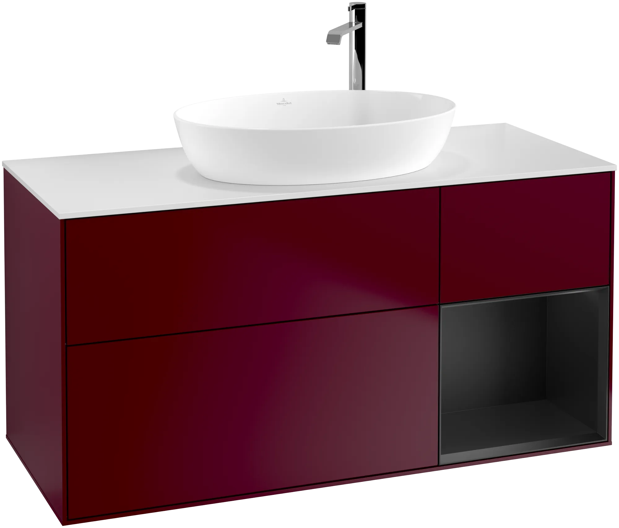 Picture of VILLEROY BOCH Finion Vanity unit, with lighting, 3 pull-out compartments, 1200 x 603 x 501 mm, Peony Matt Lacquer / Black Matt Lacquer / Glass White Matt #G951PDHB