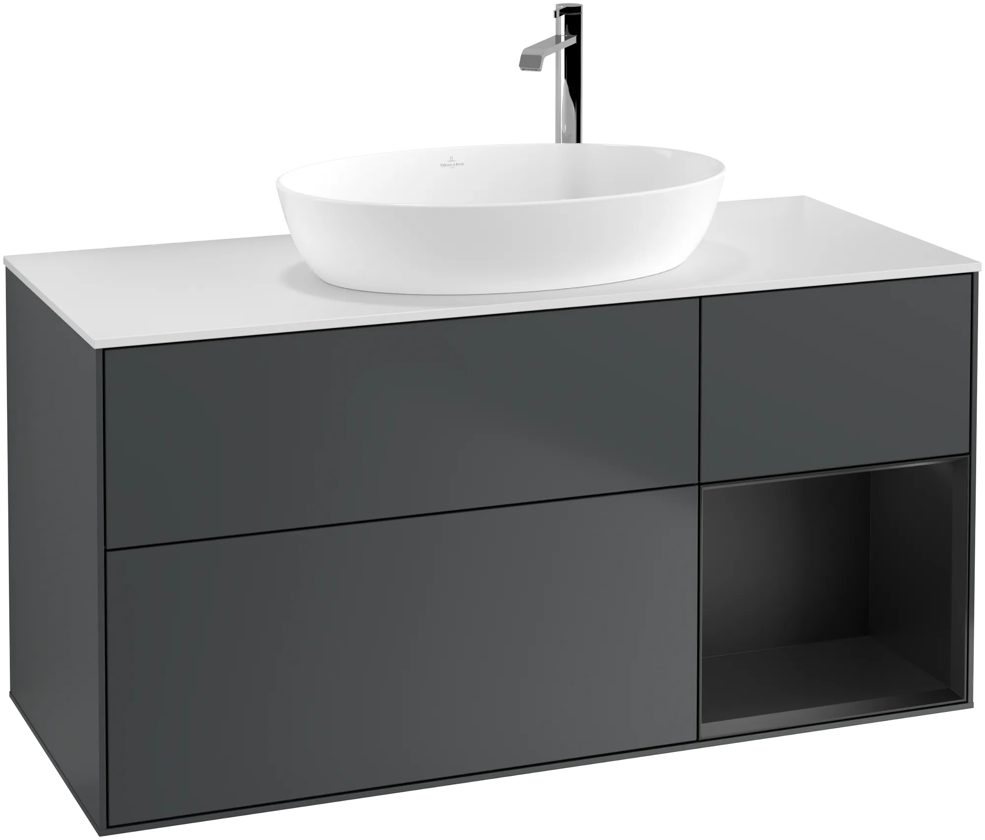 Picture of VILLEROY BOCH Finion Vanity unit, with lighting, 3 pull-out compartments, 1200 x 603 x 501 mm, Midnight Blue Matt Lacquer / Black Matt Lacquer / Glass White Matt #G951PDHG