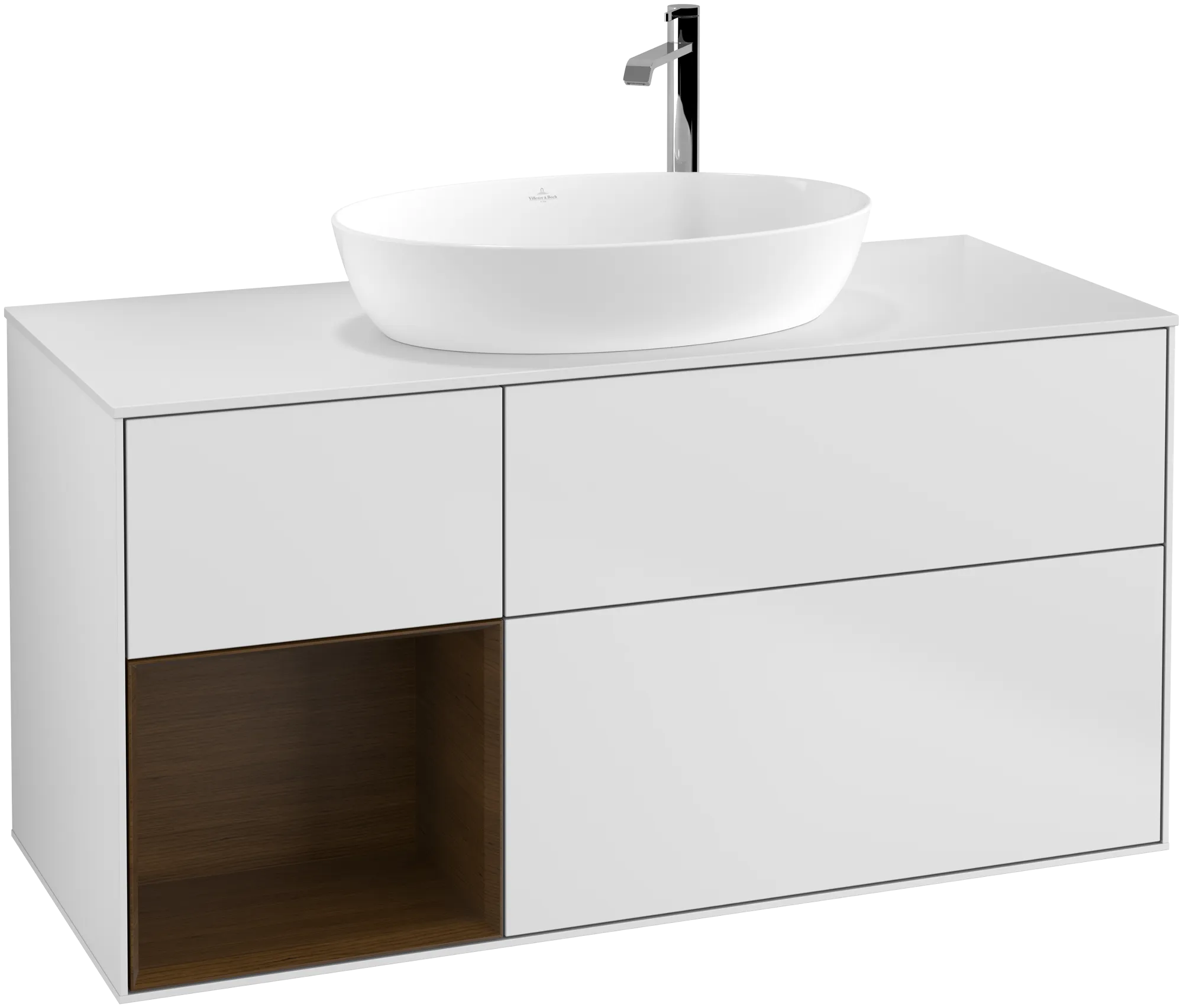 Picture of VILLEROY BOCH Finion Vanity unit, with lighting, 3 pull-out compartments, 1200 x 603 x 501 mm, White Matt Lacquer / Walnut Veneer / Glass White Matt #G941GNMT