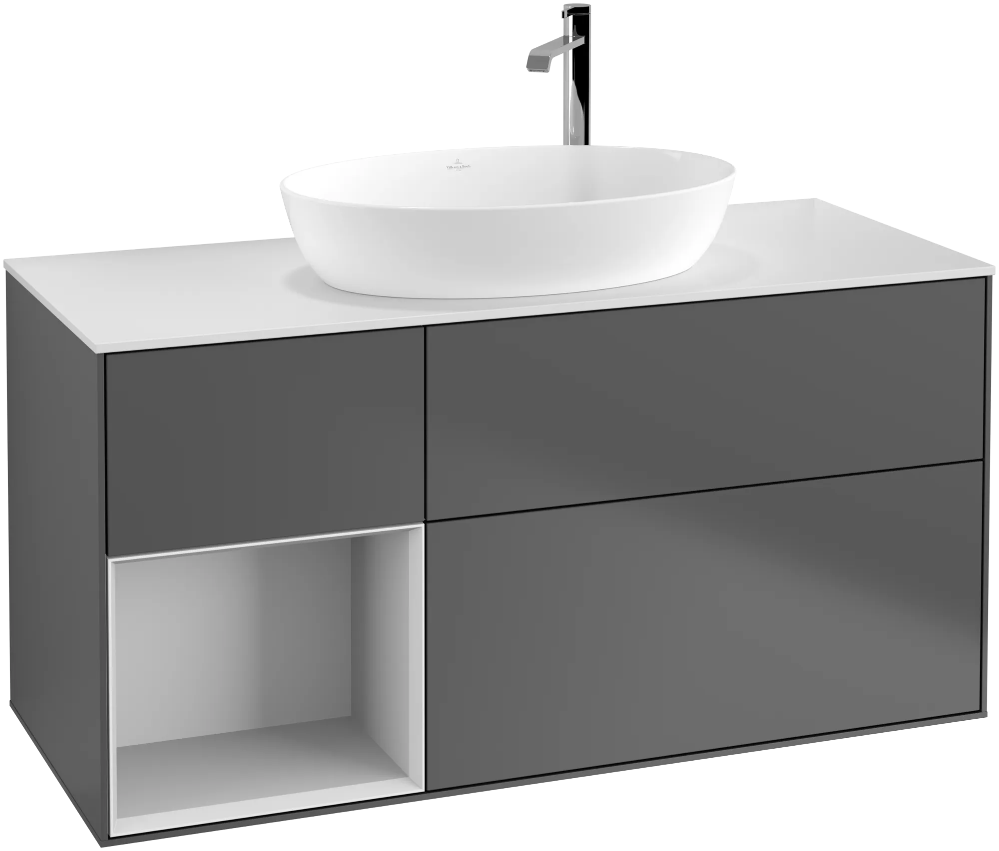 Picture of VILLEROY BOCH Finion Vanity unit, with lighting, 3 pull-out compartments, 1200 x 603 x 501 mm, Anthracite Matt Lacquer / White Matt Lacquer / Glass White Matt #G941MTGK