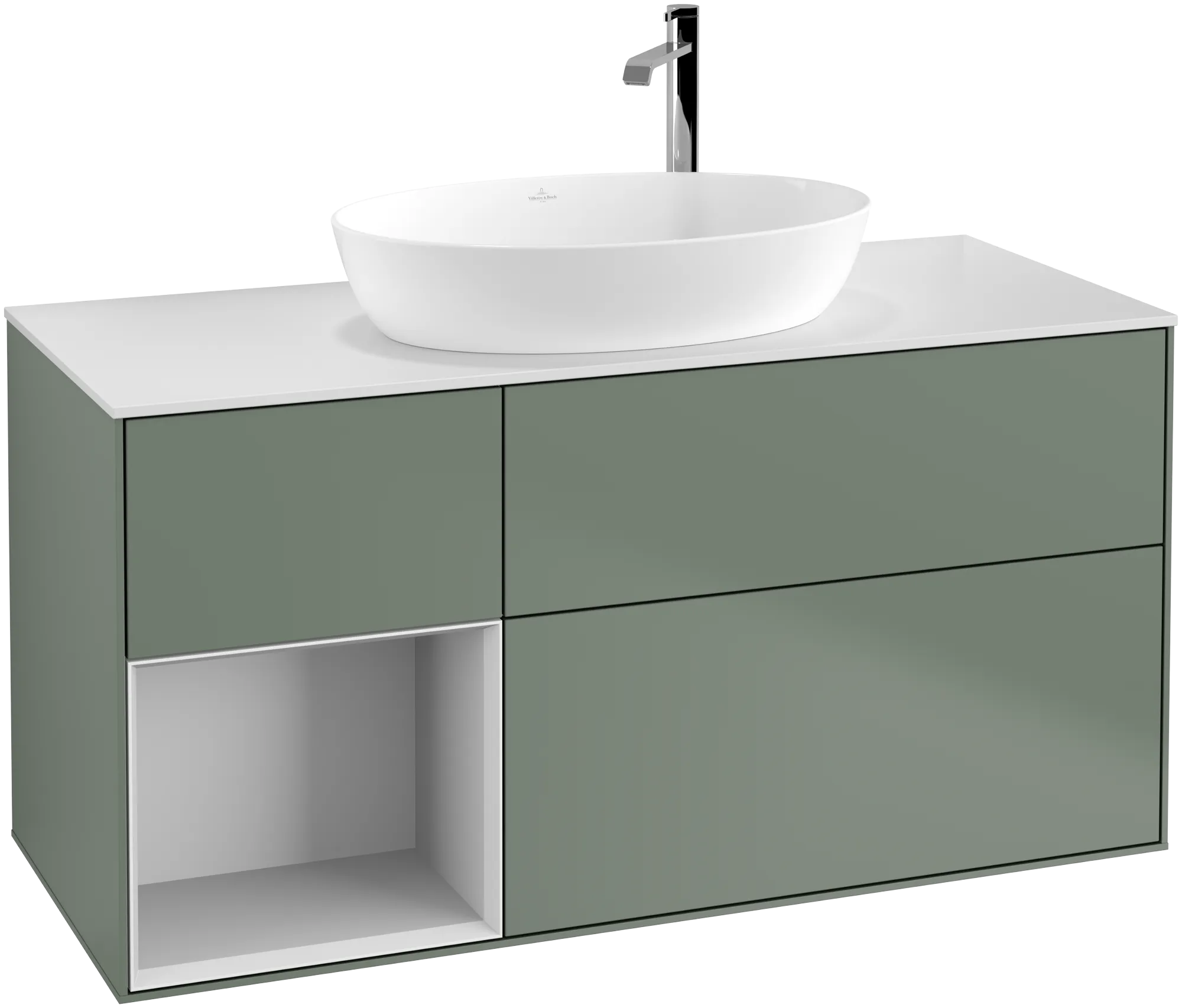 Picture of VILLEROY BOCH Finion Vanity unit, with lighting, 3 pull-out compartments, 1200 x 603 x 501 mm, Olive Matt Lacquer / White Matt Lacquer / Glass White Matt #G941MTGM