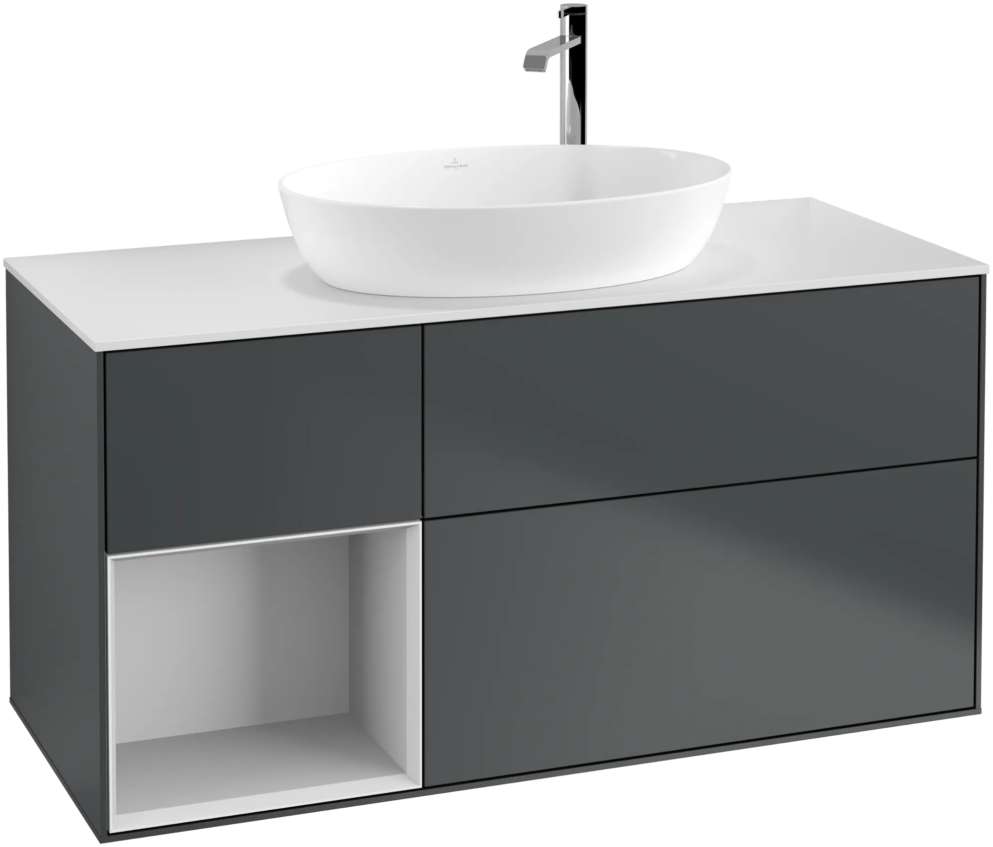 Picture of VILLEROY BOCH Finion Vanity unit, with lighting, 3 pull-out compartments, 1200 x 603 x 501 mm, Midnight Blue Matt Lacquer / White Matt Lacquer / Glass White Matt #G941MTHG